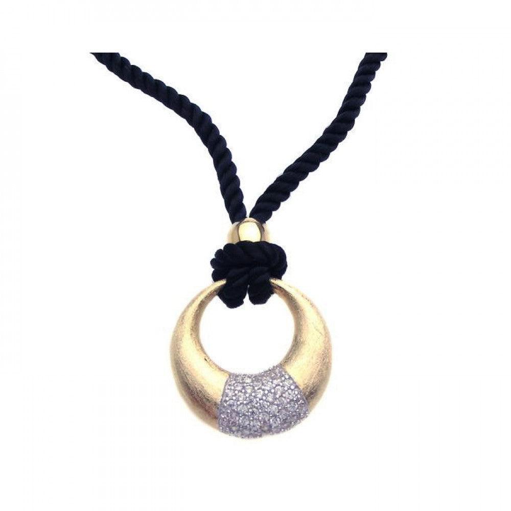 Silver 925 Gold and Rhodium Plated Clear CZ Ring Pendant Leather Rope Necklace - STP00953