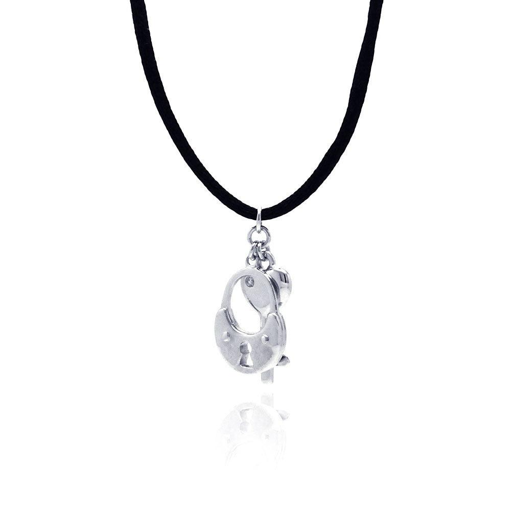Silver 925 Rhodium Plated Clear CZ Handcuff Key Pendant Necklace - STP00956