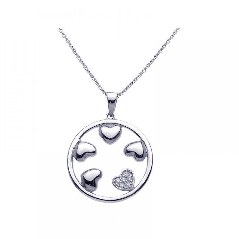 Silver 925 Rhodium Plated Clear CZ Circle Hearts Pendant Necklace - STP00958