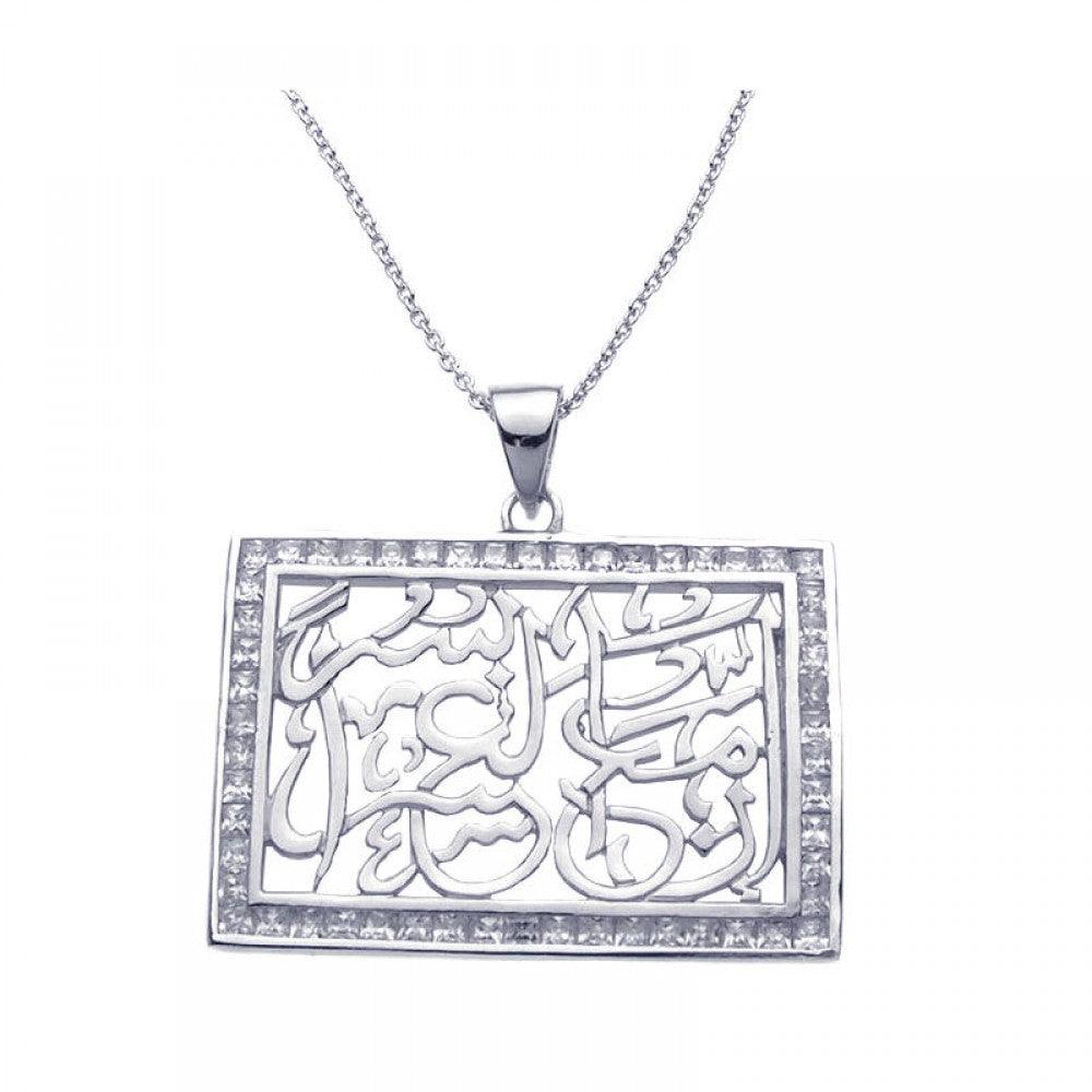Silver 925 Rhodium Plated Clear CZ Rectangle Pendant Necklace - STP00959