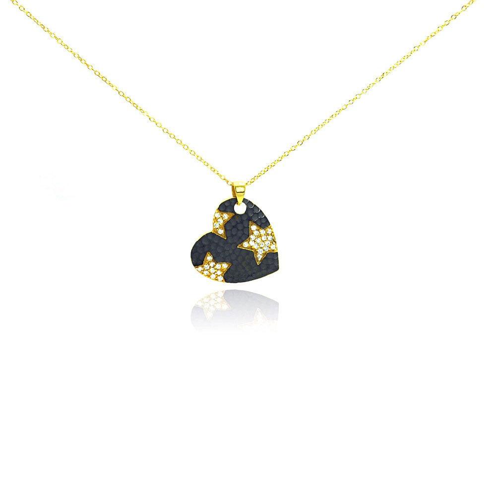 Silver 925 Gold Plated and Matte Black Rhodium Finish Clear CZ Star Heart Pendant Necklace - STP00987