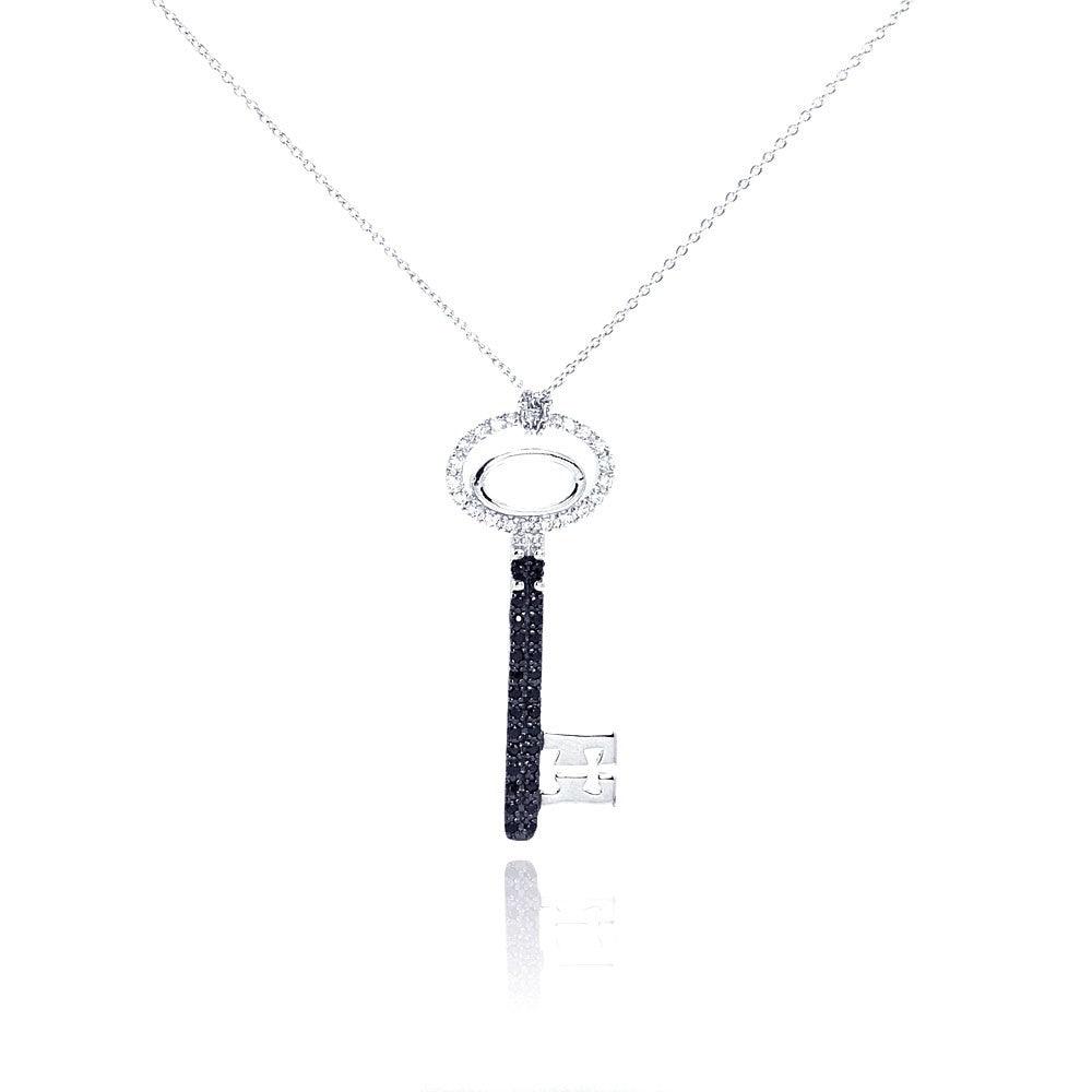 Silver 925 Rhodium and Black Rhodium Plated Clear and Black CZ Key Pendant Necklace - STP00995