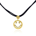 Silver 925 Gold Plated Clear CZ Smile Pendant Leather Necklace - STP01052