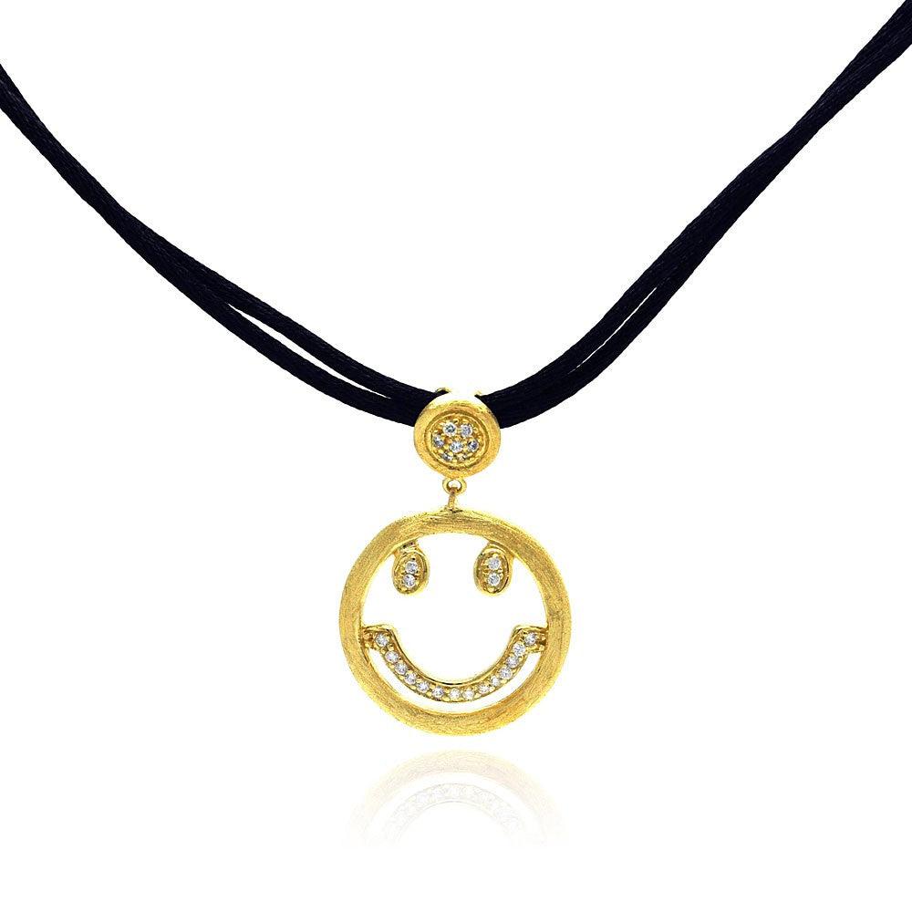 Silver 925 Gold Plated Clear CZ Smile Pendant Leather Necklace - STP01052