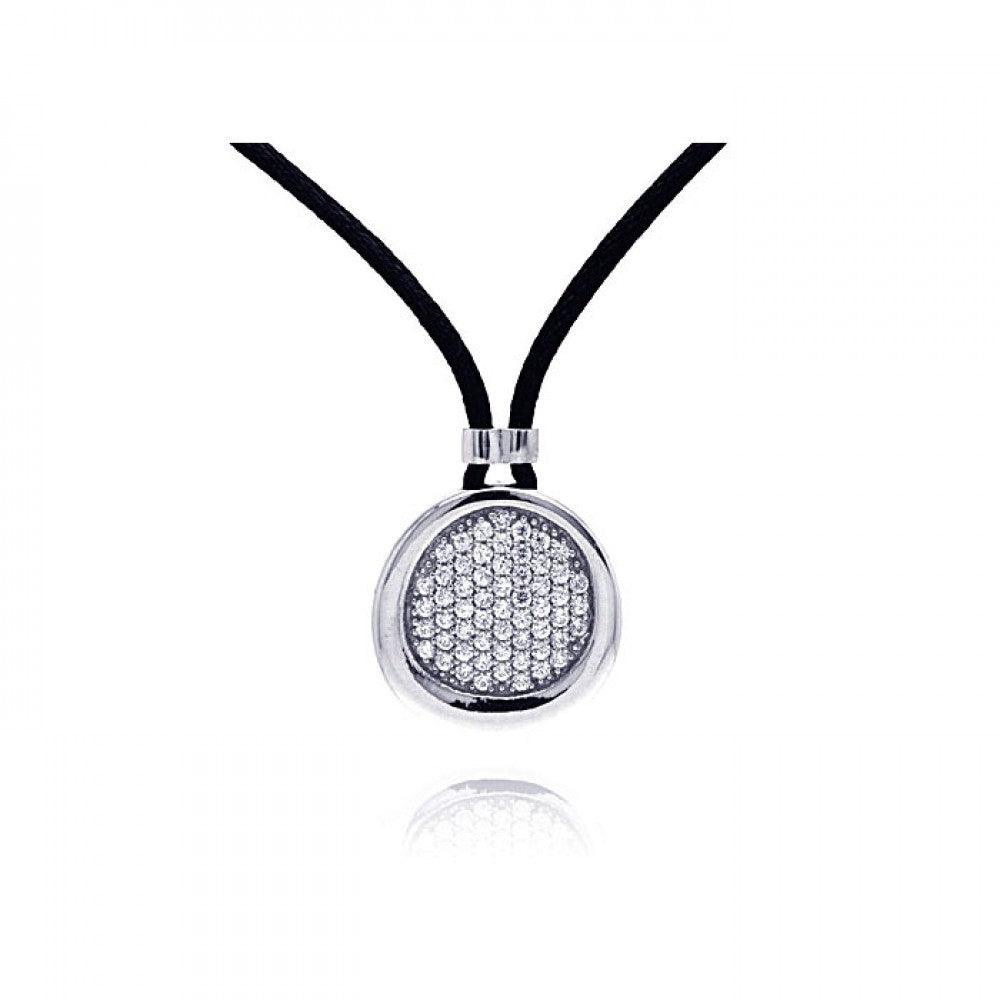 Silver 925 Rhodium Plated Clear CZ Circle Pendant Leather Necklace - STP01053