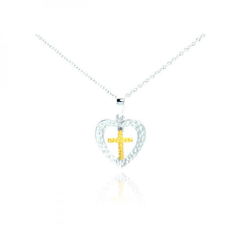Silver 925 Rhodium and Gold Plated Clear CZ Cross Heart Pendant Necklace - STP01066