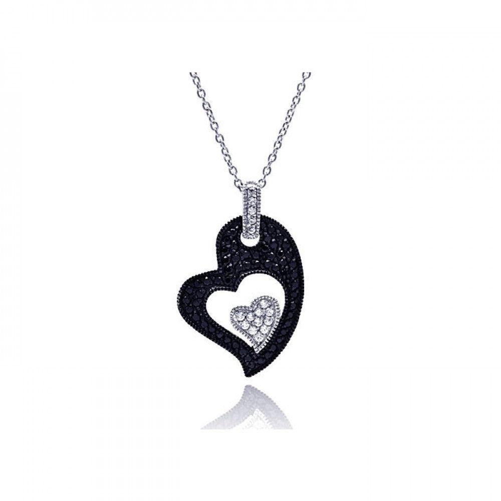 Silver 925 Rhodium Plated Clear CZ Black Heart Pendant Necklace - STP01125