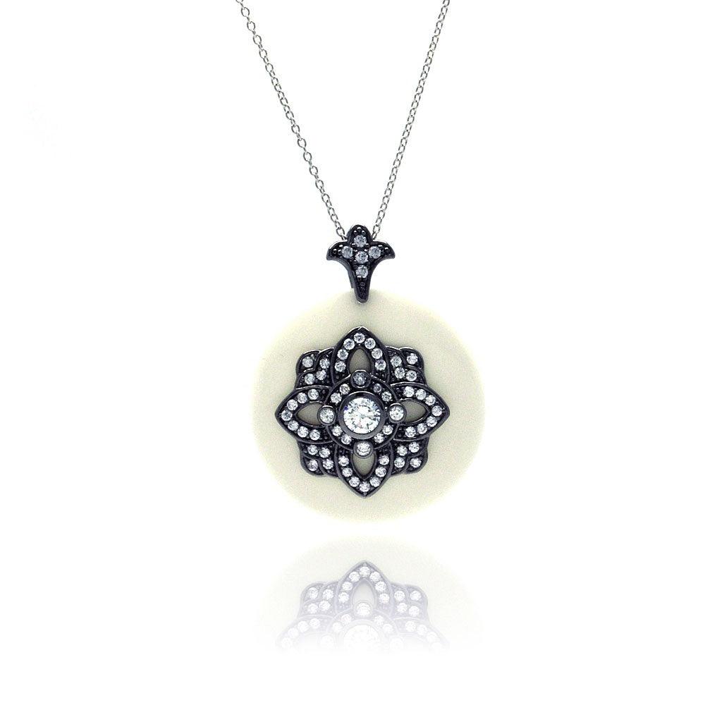 Silver 925 Black Rhodium Plated Clear CZ Round White Synthetic Pendant Necklace - STP01127WT