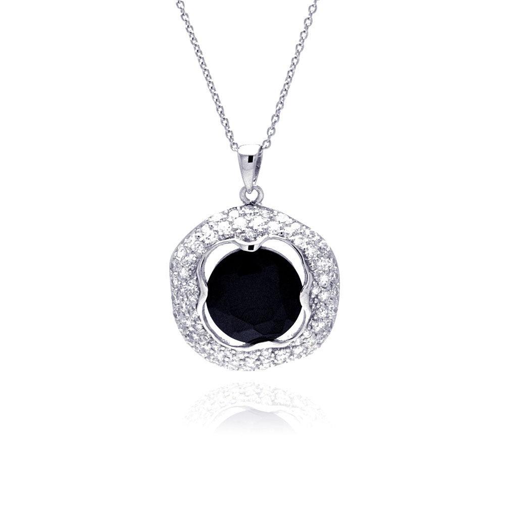 Silver 925 Rhodium Plated Clear CZ and Onyx Pendant Necklace - STP01149