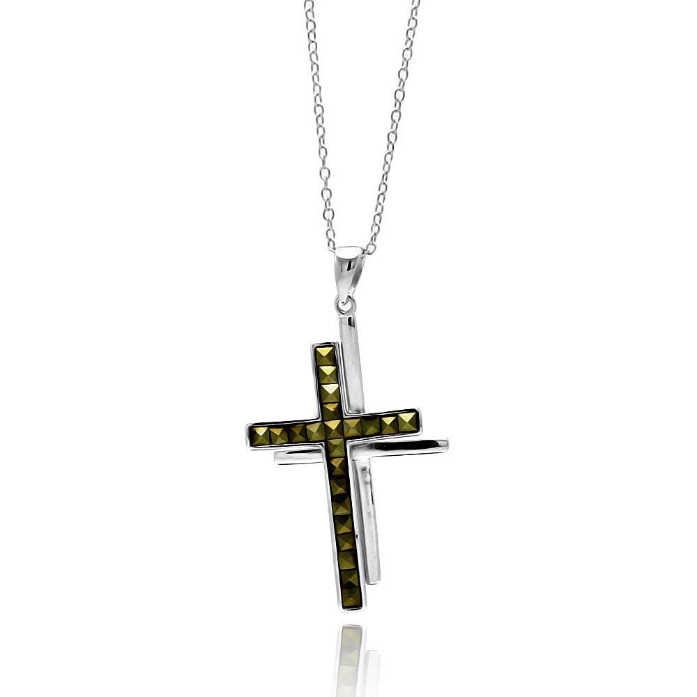 Silver 925 Rhodium Plated Clear CZ Cross Pendant Necklace - STP01338