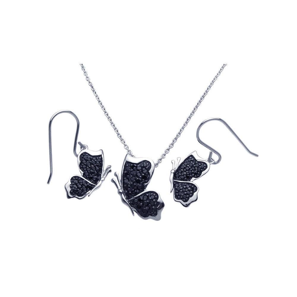 Silver 925 Rhodium Plated Black Butterfly CZ Dangling Hook Earring and Necklace Set - STS00272BLK
