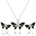 Rhodium Plated 925 Sterling Silver Black Butterfly CZ Stud Earring and Necklace Set - STS00415