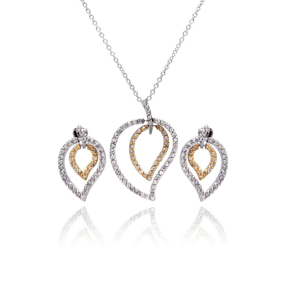 Silver 925 Rhodium and Gold Plated Clear Open Leaf CZ Stud Earring and Dangling Necklace Set - BGS00050