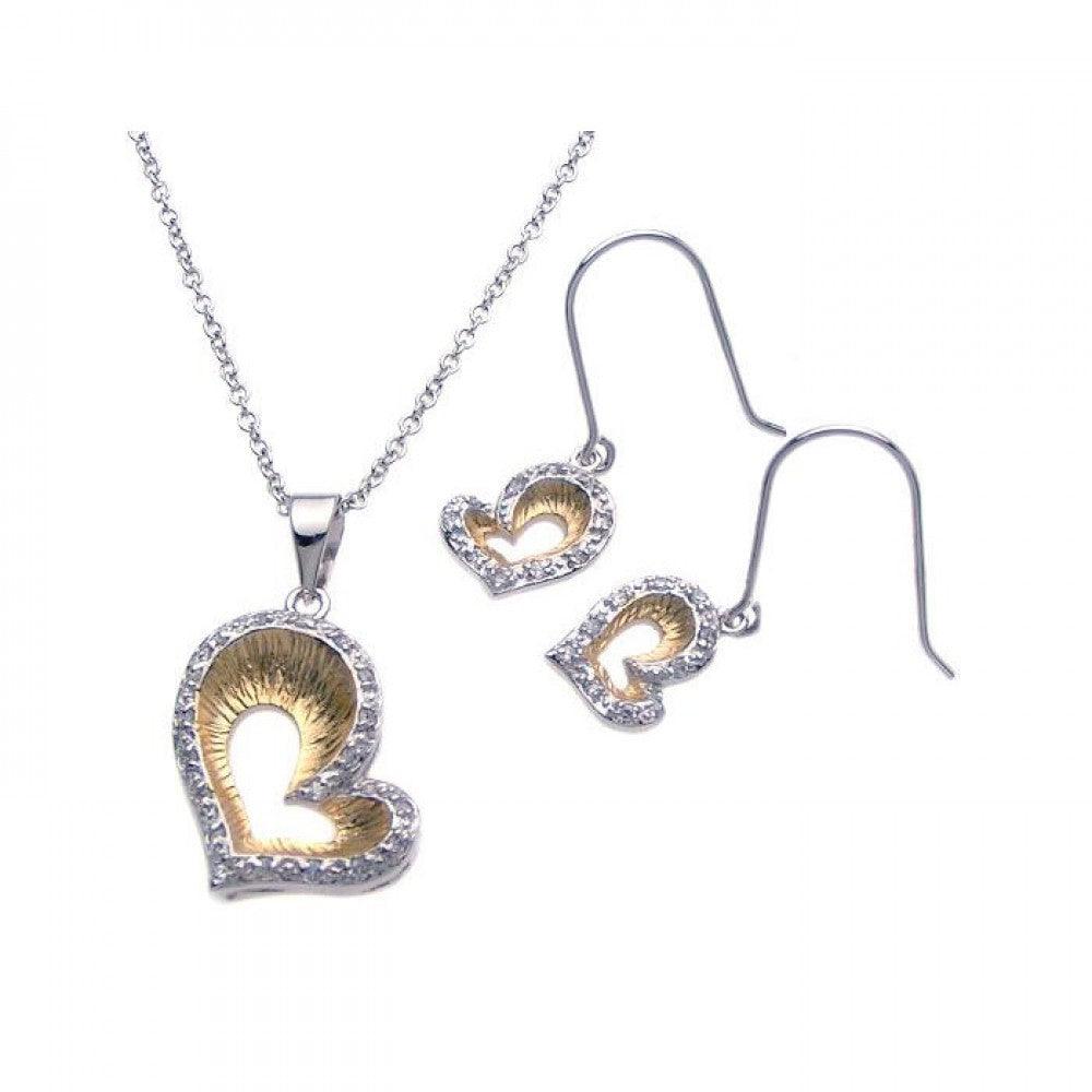 Silver 925 Rhodium and Gold Plated Open Heart Clear Border CZ Hook Earring and Dangling Necklace Set - BGS00089
