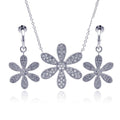 Silver 925 Rhodium Plated Wide Wild Flower Clear Pave Set CZ Dangling Earring and Necklace Set - BGS00109