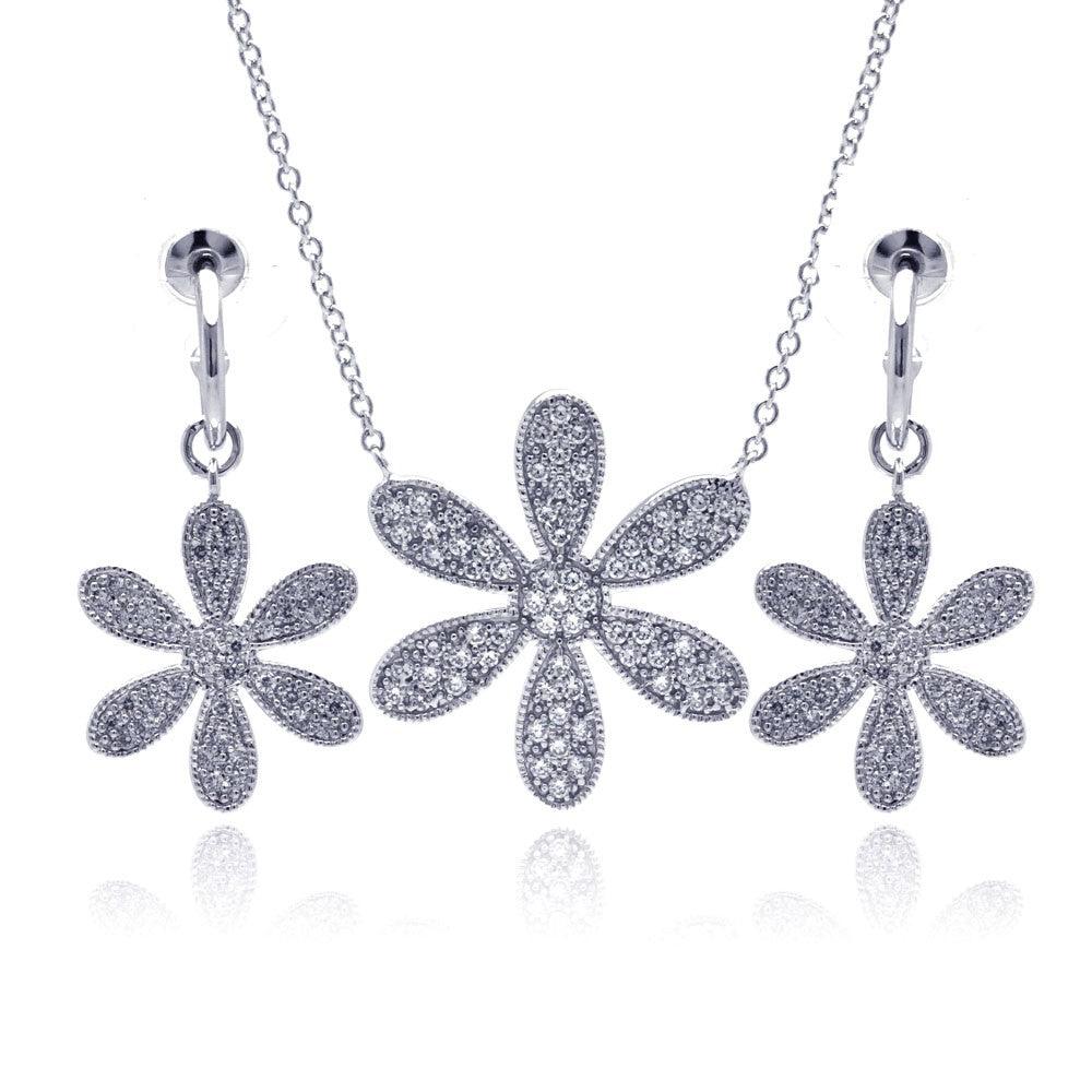 Silver 925 Rhodium Plated Wide Wild Flower Clear Pave Set CZ Dangling Earring and Necklace Set - BGS00109