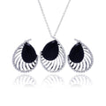 Silver 925 Rhodium Plated Black Onyx Teardrop Filigree Clear CZ Stud Earring and Necklace Set - BGS00124