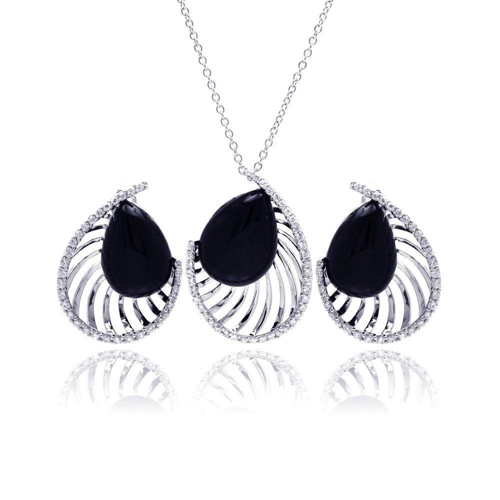 Silver 925 Rhodium Plated Black Onyx Teardrop Filigree Clear CZ Stud Earring and Necklace Set - BGS00124