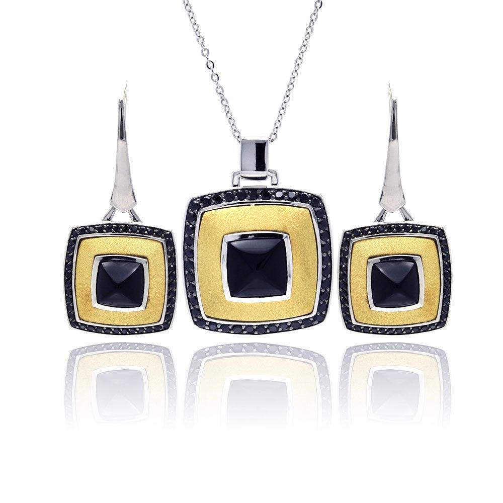 Silver 925 Rhodium Black Rhodium and Gold Plated Square Black CZ Leverback Set - BGS00125