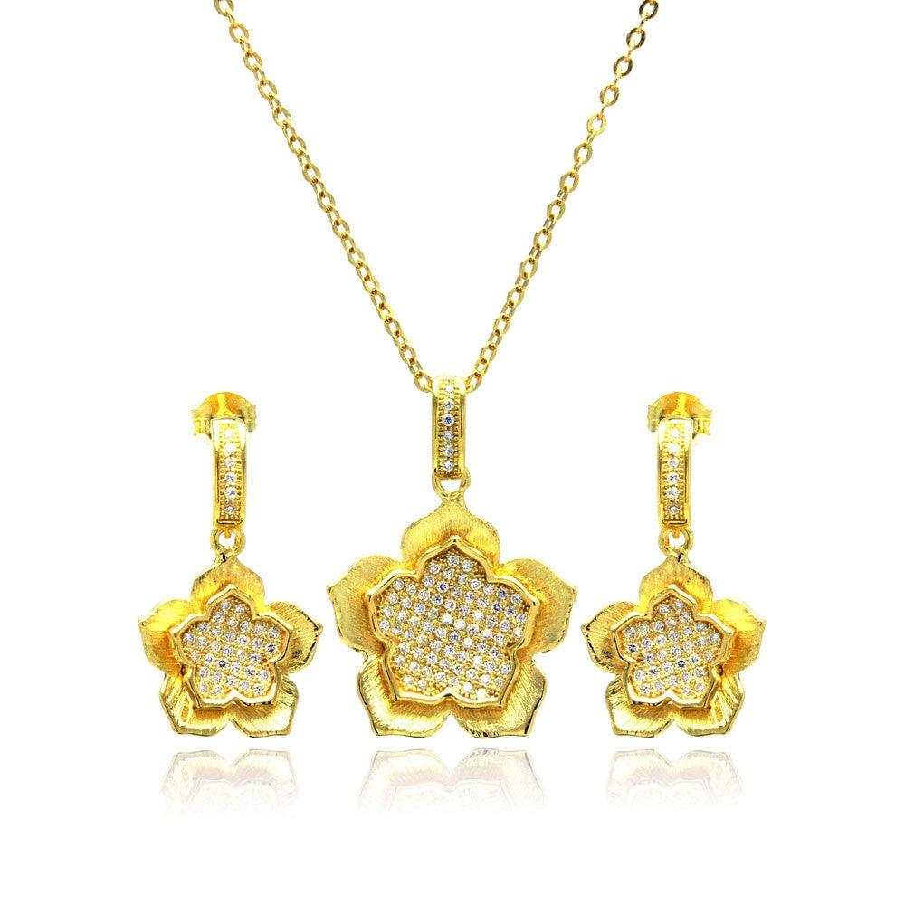 Silver 925 Gold Plated Clear Flower CZ Hanging Stud Earring and Necklace Set - BGS00177