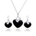 Silver 925 Rhodium Plated Black Onyx Heart Clear Wave CZ Hook Earring and Hanging Necklace Set - BGS00218