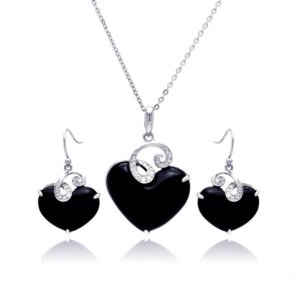 Silver 925 Rhodium Plated Black Onyx Heart Clear Wave CZ Hook Earring and Hanging Necklace Set - BGS00218