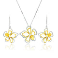 Silver 925 Rhodium and Gold Plated Open Flower Outline Clear CZ Hook Earring and Necklace Set - BGS00225