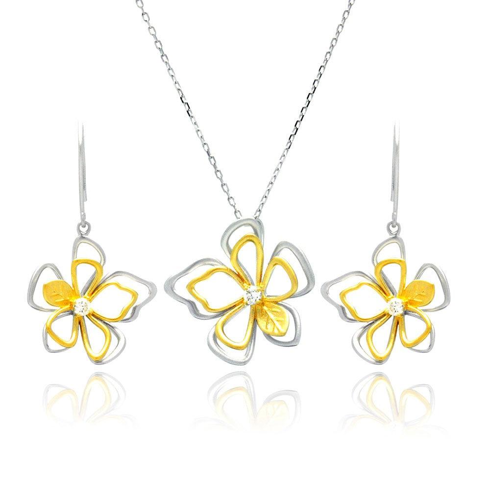 Silver 925 Rhodium and Gold Plated Open Flower Outline Clear CZ Hook Earring and Necklace Set - BGS00225