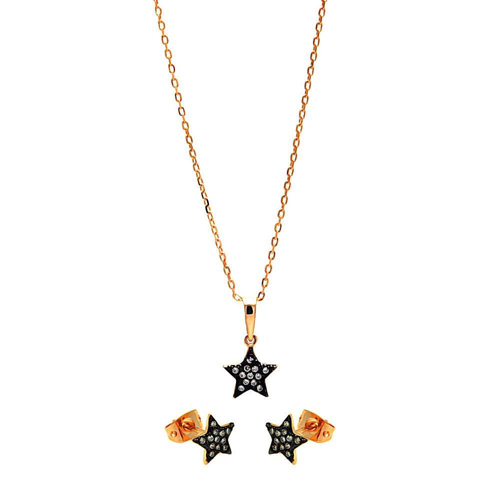 Silver 925 Black Rhodium and Gold Plated Clear Mini Star CZ Stud Earring and Necklace Set - BGS00278