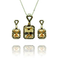 Silver 925 Black Rhodium Plated Tan Round and Rectangular CZ Dangling Stud Earring and Necklace Set - BGS00375