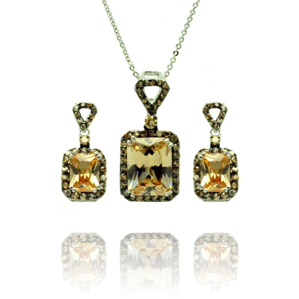 Silver 925 Black Rhodium Plated Tan Round and Rectangular CZ Dangling Stud Earring and Necklace Set - BGS00375
