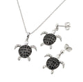 Silver 925 Rhodium and Black Rhodium Plated Black and Clear Turtle CZ Dangling Stud Earring and Necklace Set - BGS00410