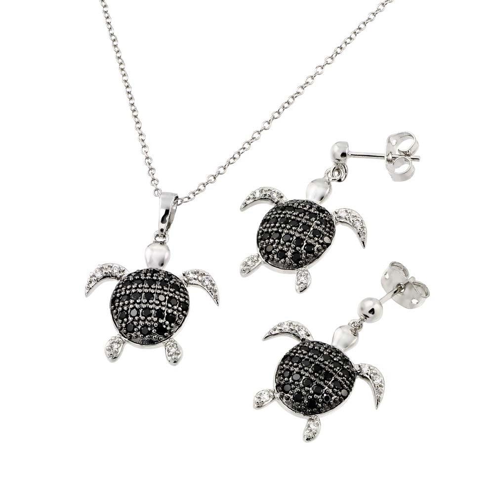 Silver 925 Rhodium and Black Rhodium Plated Black and Clear Turtle CZ Dangling Stud Earring and Necklace Set - BGS00410