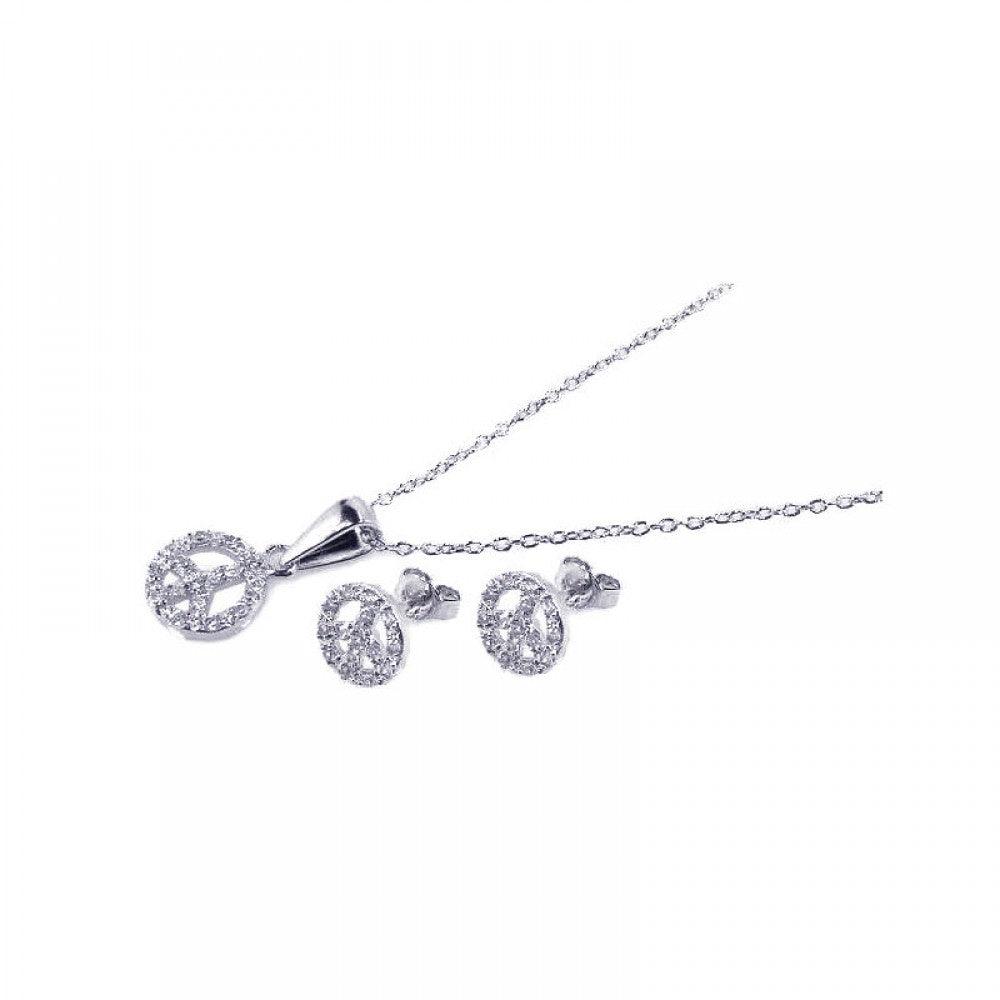 Silver 925 Rhodium Plated Open Peace Sign CZ Stud Earring and Necklace Set - STS00157