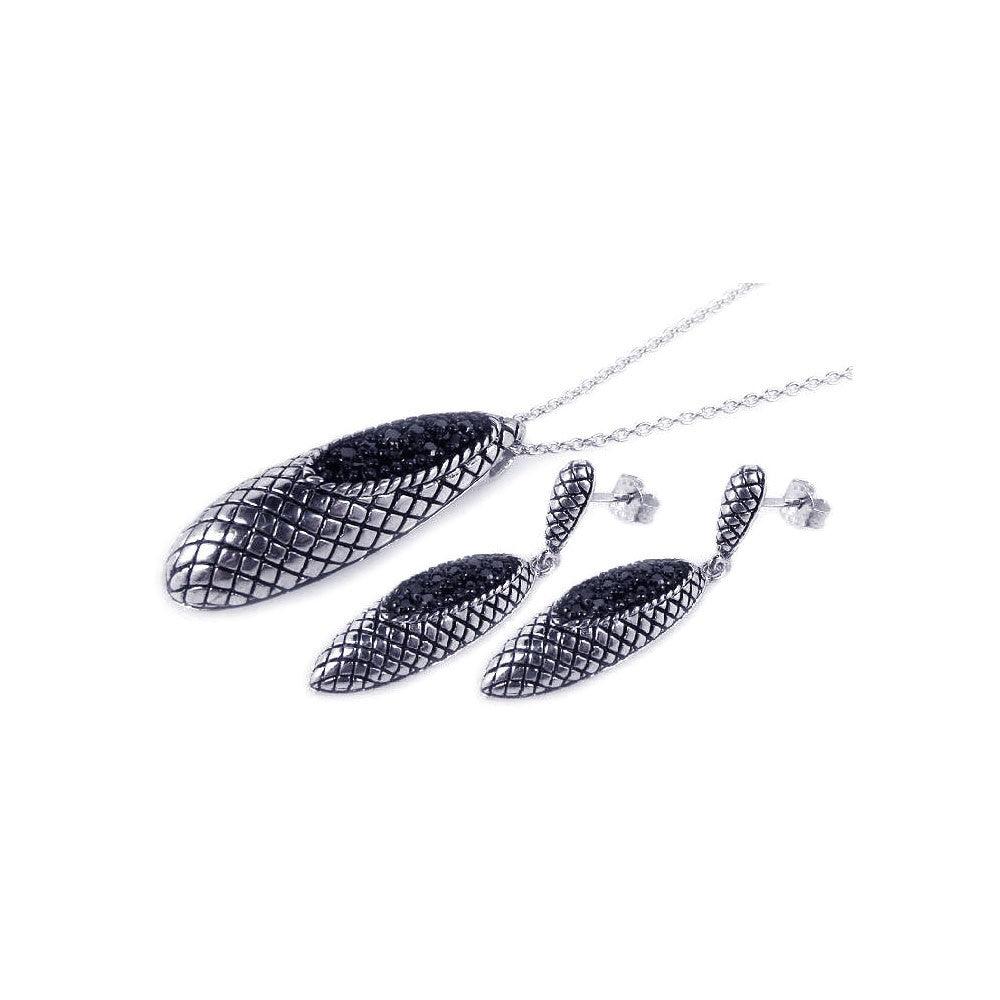 Silver 925 Black and Rhodium Plated Oval Teardrop Oxidized Black CZ Inlay Dangling Stud Earring and Necklace Set - STS00182
