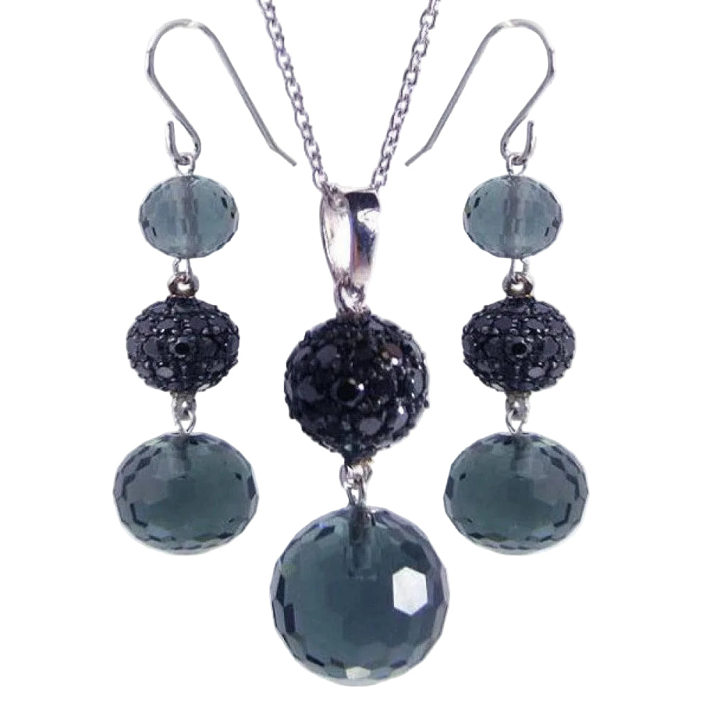 Silver Black and Rhodium Plated Graduated Multicolor Round CZ Dangling Hook Earring and Necklace Set - STS00188