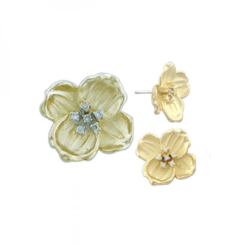 Silver 925 Gold Plated Flower CZ Stud Earring and Necklace Set - STS00221