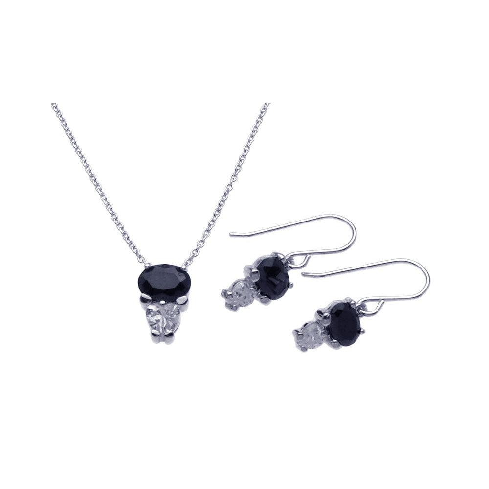 Silver 925 Rhodium Plated Black CZ Dangling Hook Earring and Necklace Set - STS00286