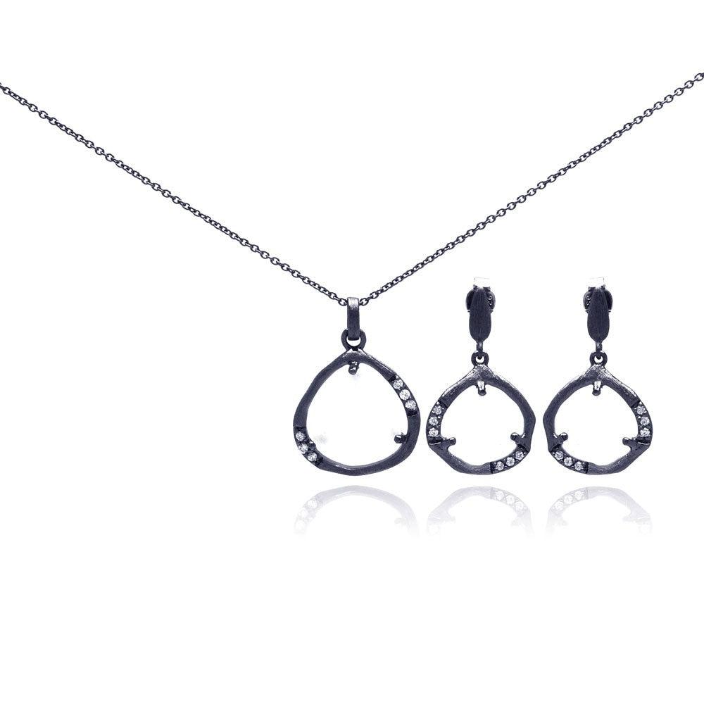 Silver 925 Dark Rhodium Plated Open Teardrop CZ Dangling Stud Earring and Necklace Set - STS00322