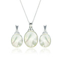 Silver 925 Rhodium Plated White Oval Mother of Pearl CZ Dangling Stud Earring and Necklace Set - STS00370