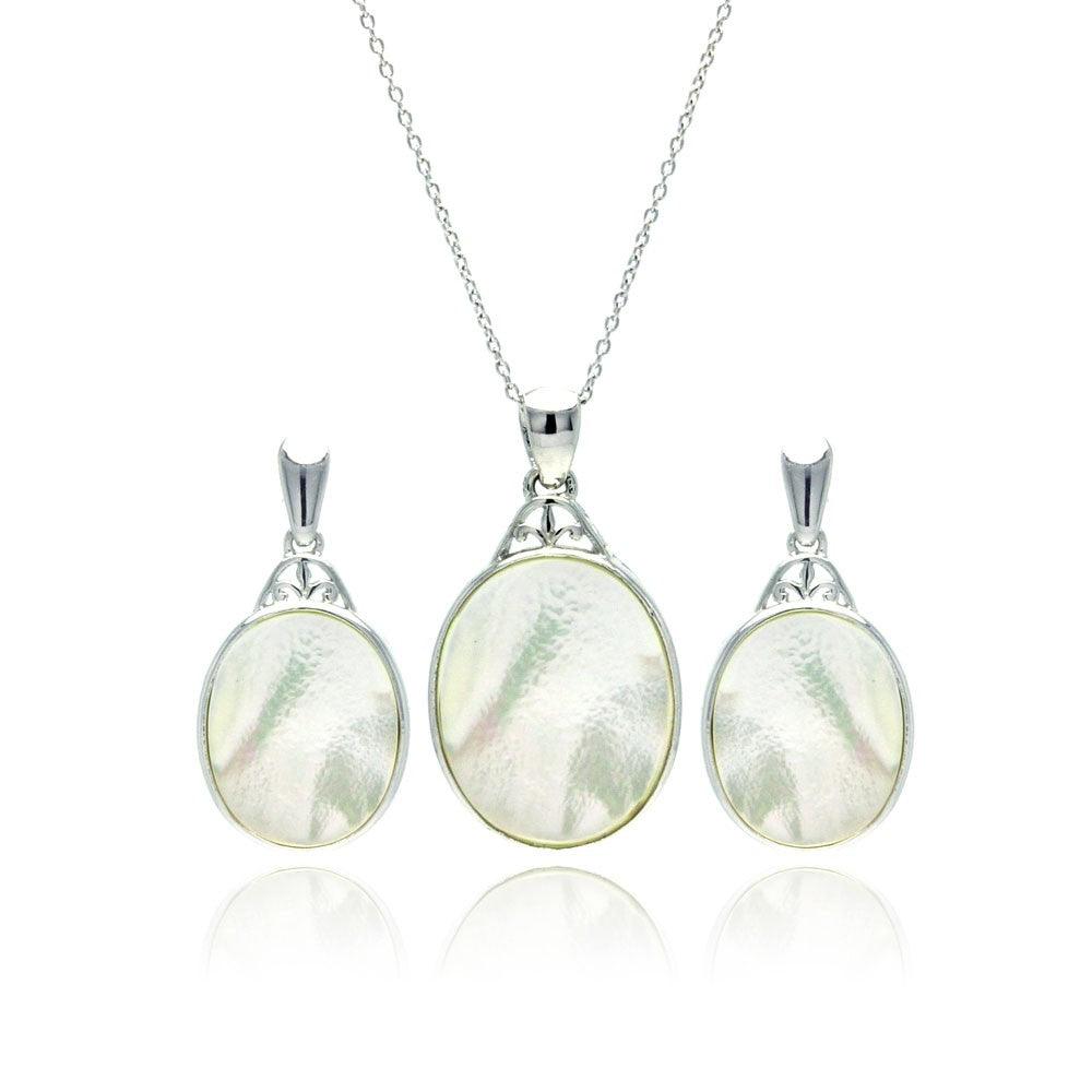 Silver 925 Rhodium Plated White Oval Mother of Pearl CZ Dangling Stud Earring and Necklace Set - STS00370