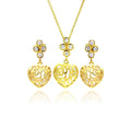 Silver 925 Gold Plated Heart Filigree CZ Dangling Stud Earring and Necklace Set - STS00383