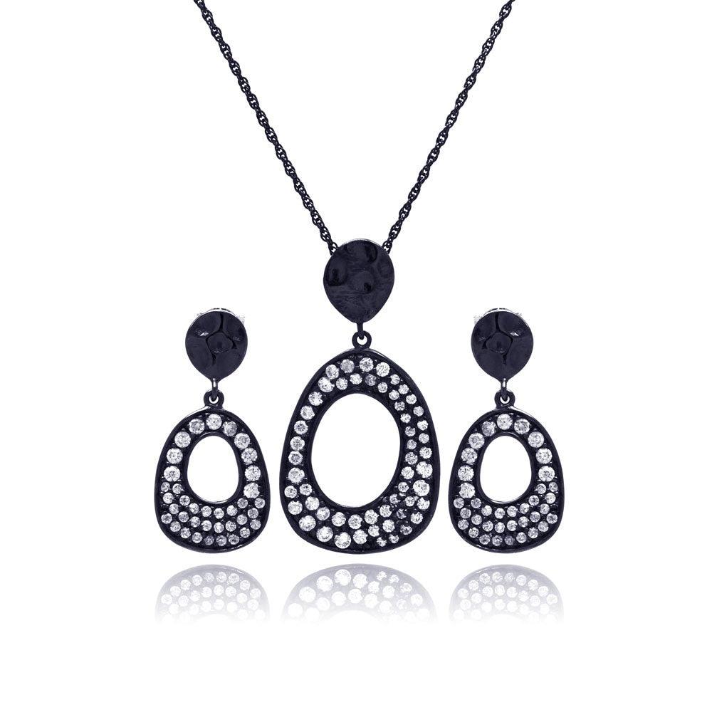 Silver 925 Black Rhodium Plated Open Oval CZ Dangling Stud Earring and Necklace Set - STS00394