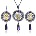 Silver 925 Black Rhodium Plated Round Flower CZ Dangling Hook Earring and Necklace Set - STS00395