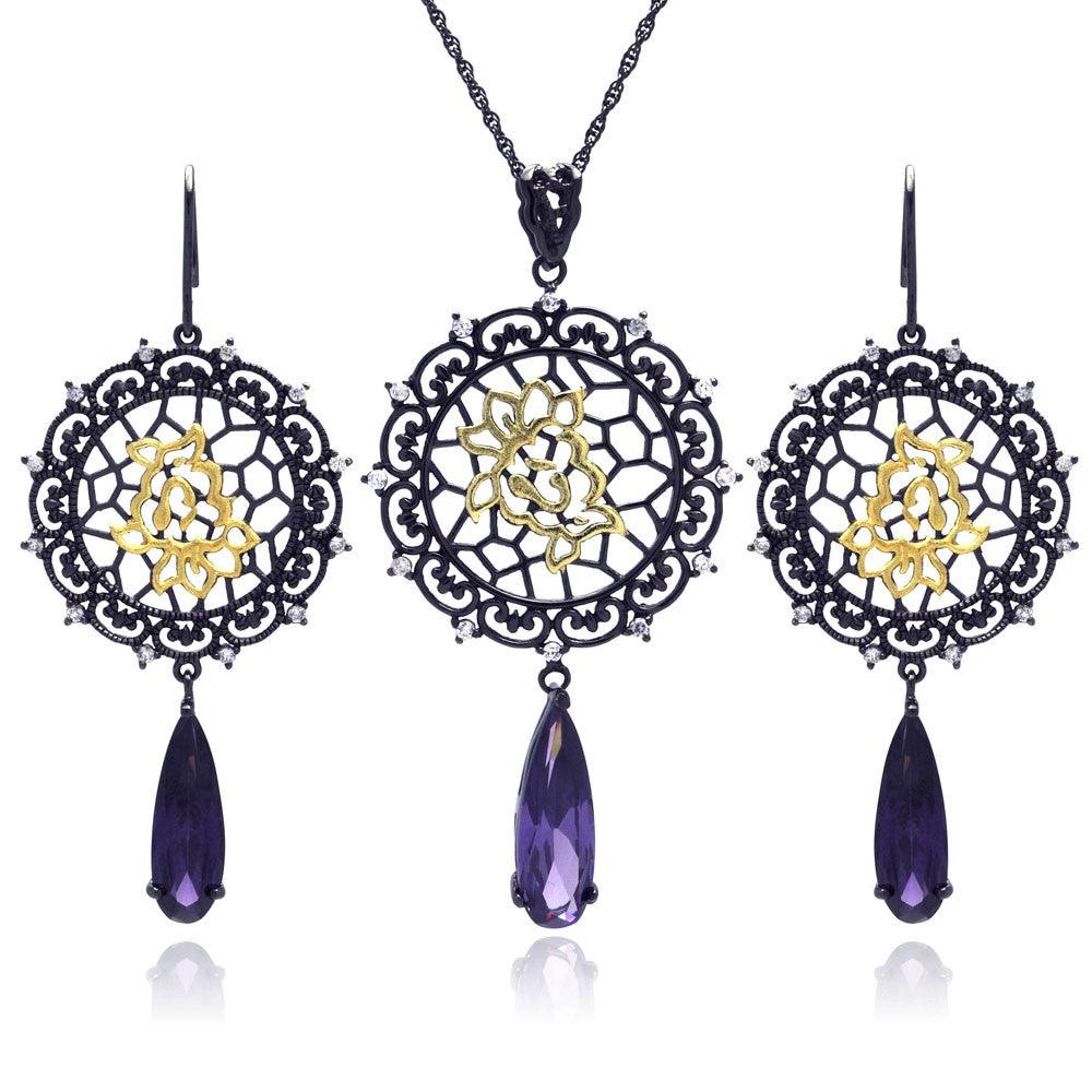 Silver 925 Black Rhodium Plated Round Flower CZ Dangling Hook Earring and Necklace Set - STS00395