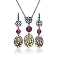 Silver 925 Black Rhodium Gold Plated Flower Filigree Red CZ Stud Earring and Necklace Set - STS00396