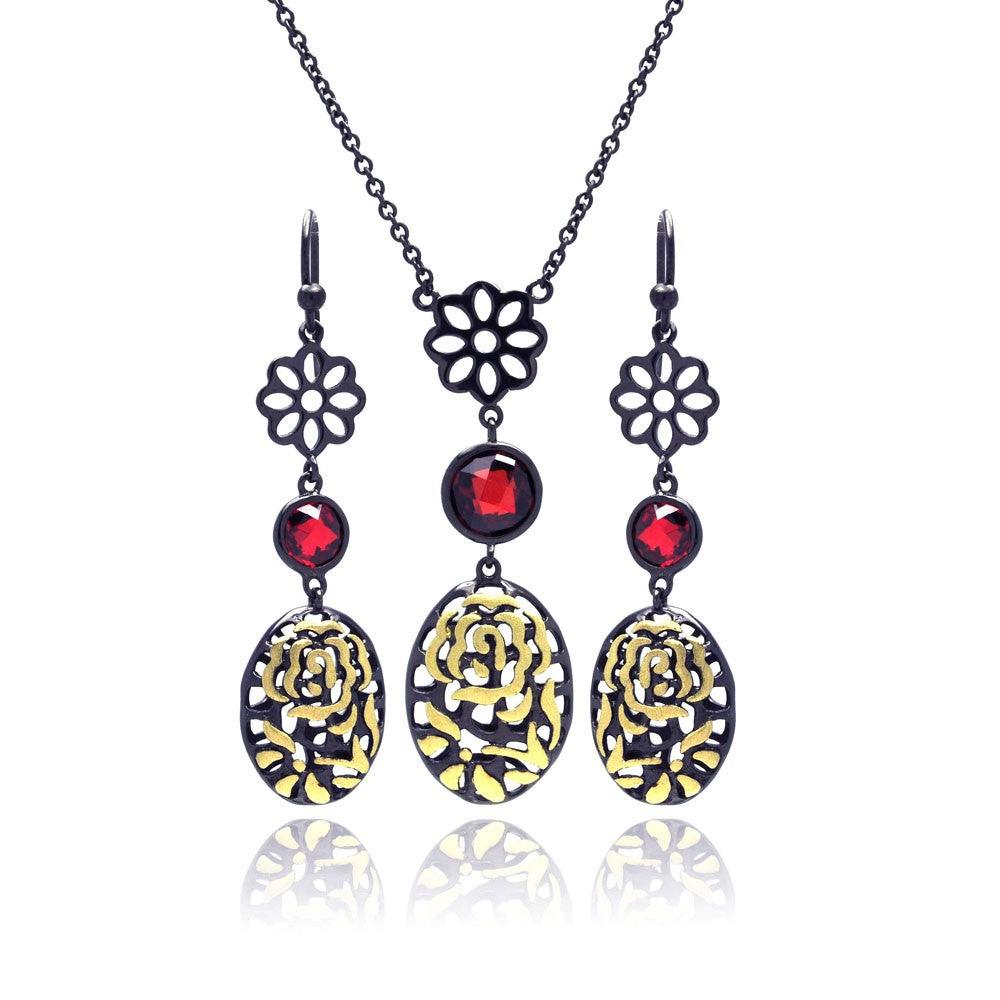 Silver 925 Black Rhodium Gold Plated Flower Filigree Red CZ Stud Earring and Necklace Set - STS00396