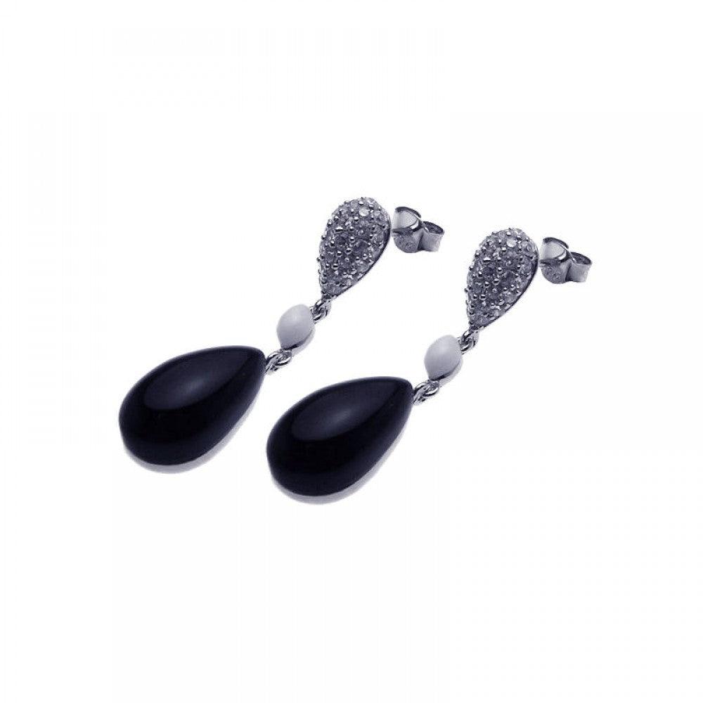 Silver 925 Rhodium Plated Round Cookie Monster Onyx CZ Dangling Hook Earrings - BGE00096