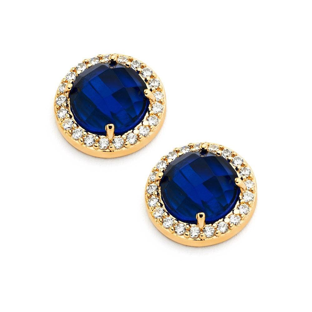 Silver 925 Gold Plated Blue Center Clear Outline CZ Stud Earrings - BGE00360B