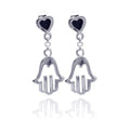 Silver 925 Rhodium Plated Black Heart CZ Open Hand Wire Dangling Earrings - STE00776